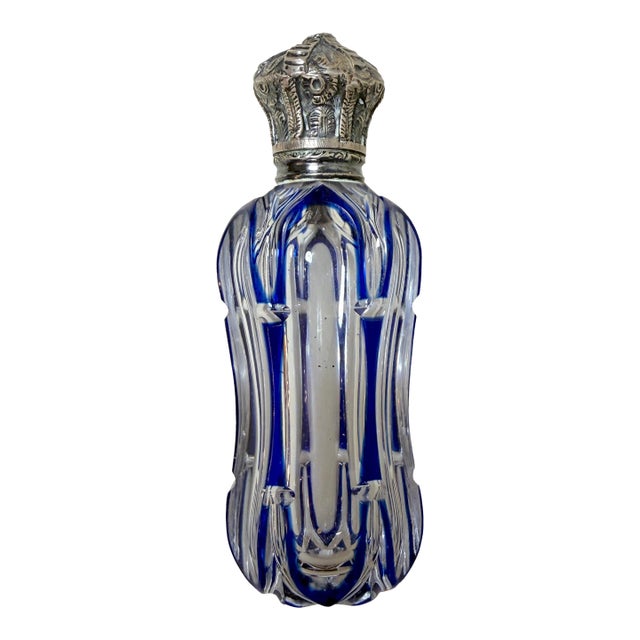 Antique 1800's European Cut to Clear Crystal Sterling Silver Perfume Bottle Jar For Sale
