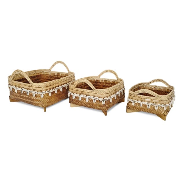 Early 21st Century Vintage Coastal Bamboo & Cowry Basket Medium For Sale - Image 5 of 9