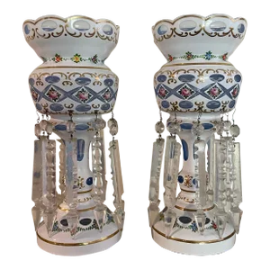 Vintage Bohemian White Overlay Cut to Light Blue Glass Lusters With 10 Spear Crystals - Set of 2