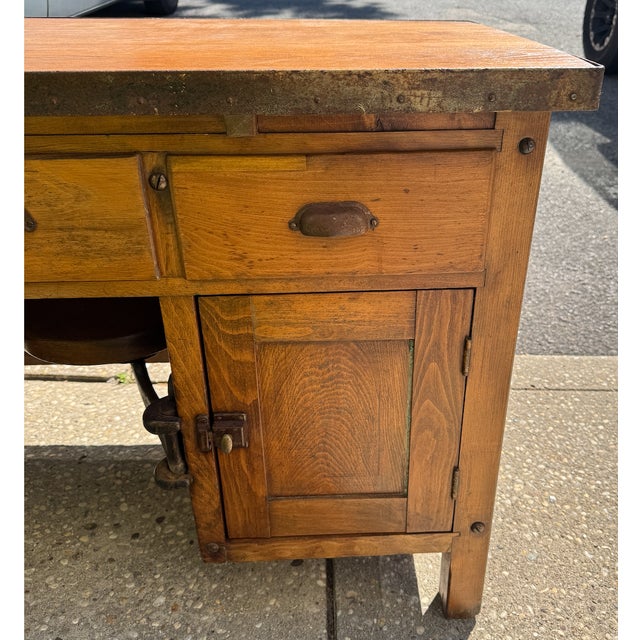 Wood Vintage Industrial Desk With Integrated Swing-Out Stools For Sale - Image 7 of 18