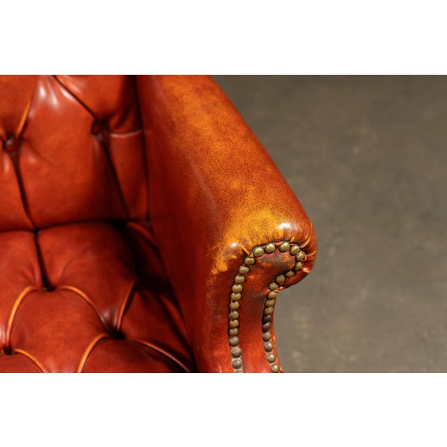 Vintage Wingback Tufted Armchair With Ottoman in Burnt Orange For Sale - Image 11 of 12