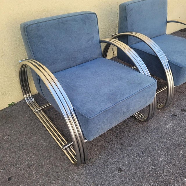 Blue Large 20th Century Chrome Armchairs by Ralph Lauren, 1980s, Set of 2 For Sale - Image 8 of 18