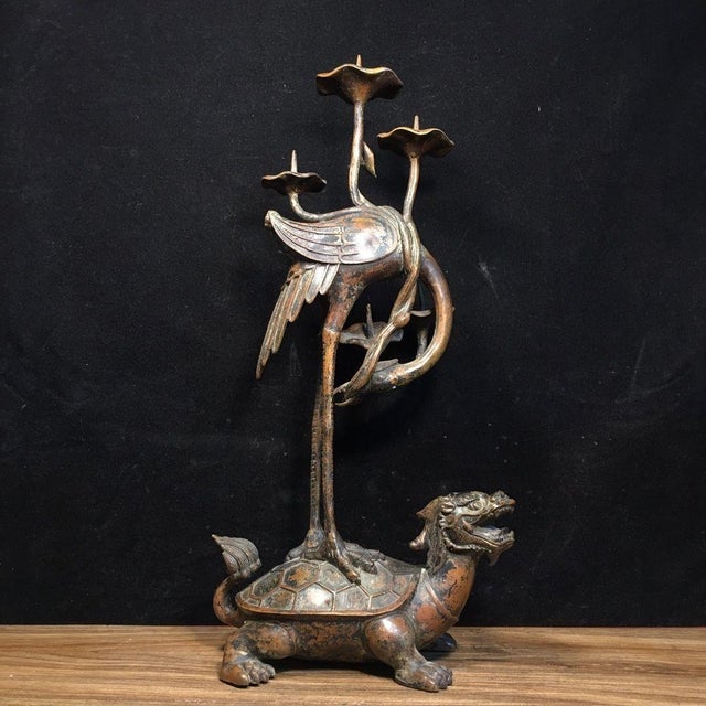 Bronze Pair of Vintage Bronze Turtle Dragon and Crane Candle Holders For Sale - Image 8 of 9