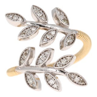 Natural Diamond 0.28 Carat Leaf Wrap White Gold Yellow Gold Statement Ring, Size 7.5 For Sale