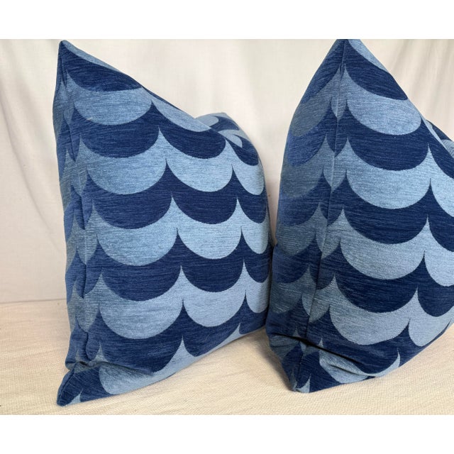 Custom pair of 22" pillows covered in Erica Wakerly "Scoop" in blue. These pillows have tapered corners to prevent dog...