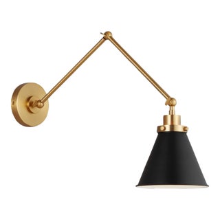 Chapman & Myers by Visual Comfort Studio Wellfleet Double Arm Cone Task Sconce, Midnight Black & Burnished Brass For Sale