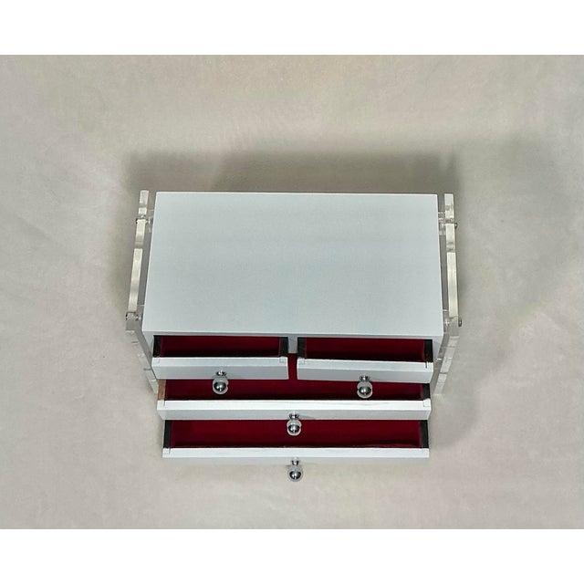 Wood 1970s Mid Century Modern Jewelry Chest of Drawers Suspended Lucite White Lacquer For Sale - Image 7 of 12