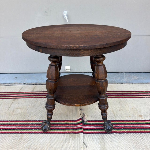 Antique Quartersawn Oak Round Tabouret Table With Glass Ball & Claw Feet For Sale - Image 18 of 18