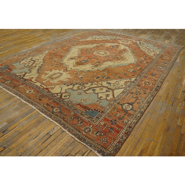 19th Century Radiant Orange Terra Cotta Color With Great Medallion Design Antique Serapi Rug For Sale - Image 5 of 12