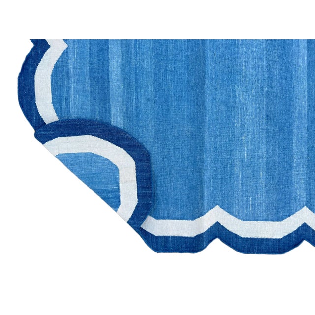 Casa Cosima Handmade Cotton Area Scalloped Rug Blue, Cream, Indigo Blue Border Dhurrie - 5'x8' For Sale - Image 4 of 11