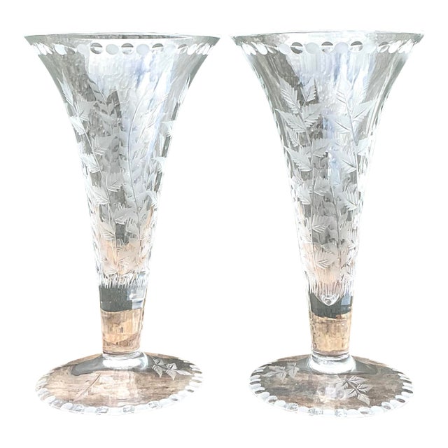 Vintage Etched Glass Trumpet Vases - A Pair For Sale