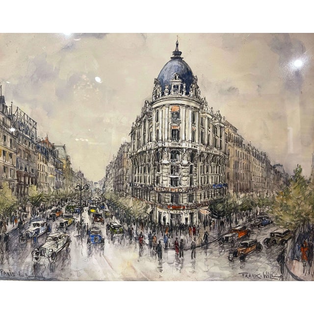 Decorate an office or study with this large watercolor painting. Created in Paris, France circa 1930, and set in a gilt...