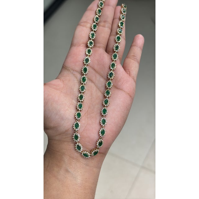 Vintage 14k Yellow Gold Tennis Necklace With 9.88ct Emeralds and 5.24ct Diamonds For Sale - Image 9 of 16