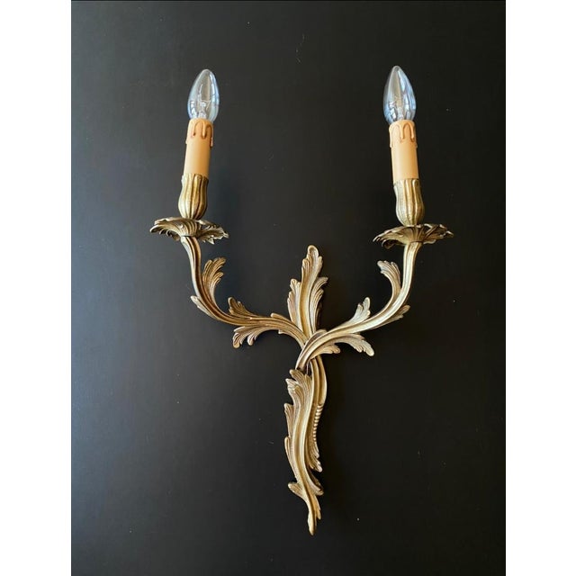 The sconces are very antique, made of bronze—luxurious artistic forging. A very elegant piece! '50-'60 dimensions of each...