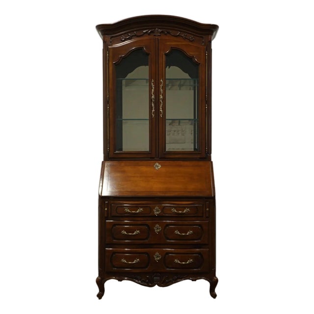 Century Furniture Solid Cherry French Provincial 35" Secretary Desk W. Lighted Display Hutch For Sale