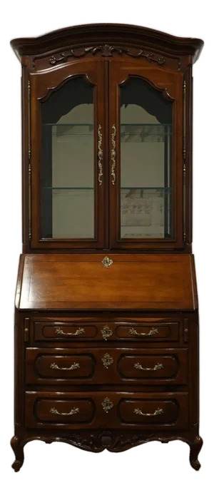 Century Furniture Solid Cherry French Provincial 35" Secretary Desk W. Lighted Display Hutch