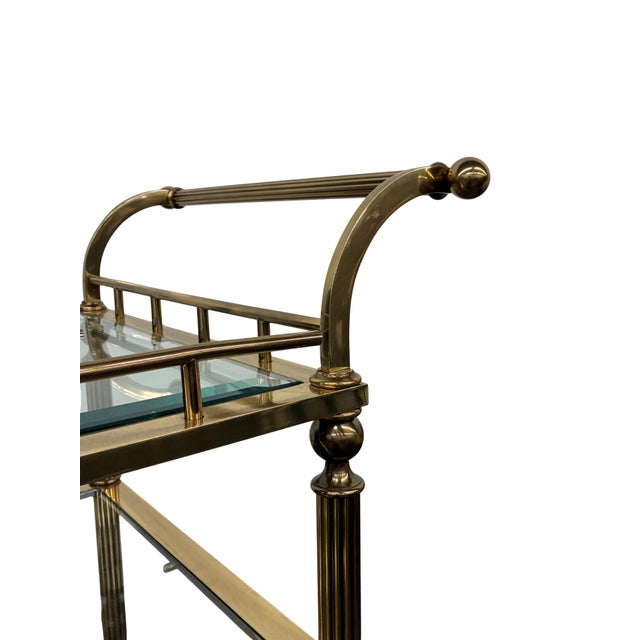 Metal Vintage Regency Style Brass & Glass Three-Tier Bar Cart With Large Casters For Sale - Image 7 of 8