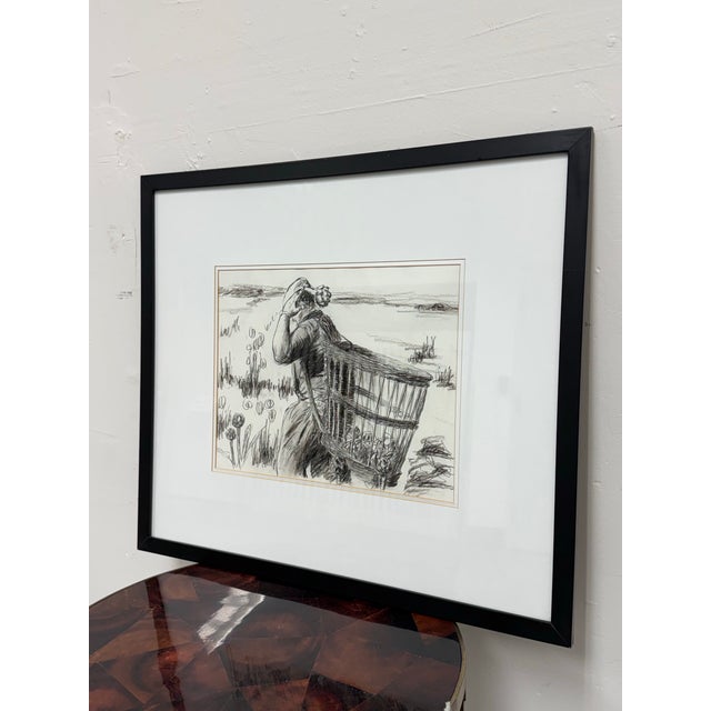 Design Plus Gallery presents an Artichoke Picker Drawing in Charcoal. The framed piece is a romanticized view of an...