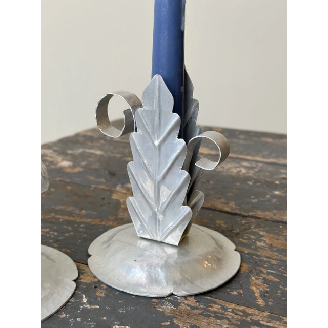 Vintage Handmade Hammered Aluminum Leaf Motif Candleholders, a Pair, Circa 1940s For Sale In New York - Image 6 of 12