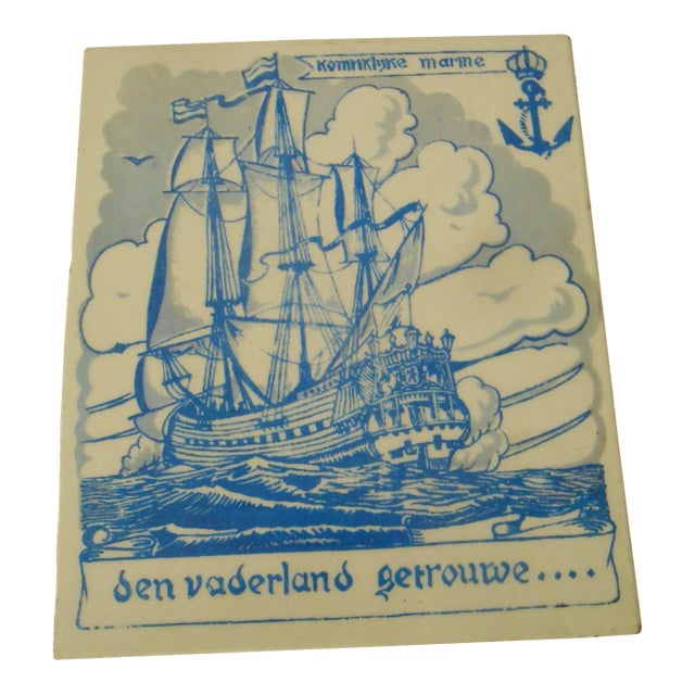 Antique Dutch Royal Navy Sailing Ship Delft Blue & White Tile Sphinx Maritime Nautical For Sale
