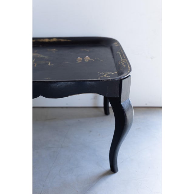 Mid 20th Century Ebonized Chinoiserie Coffee Table With Hand Painted Tole Top For Sale - Image 6 of 9