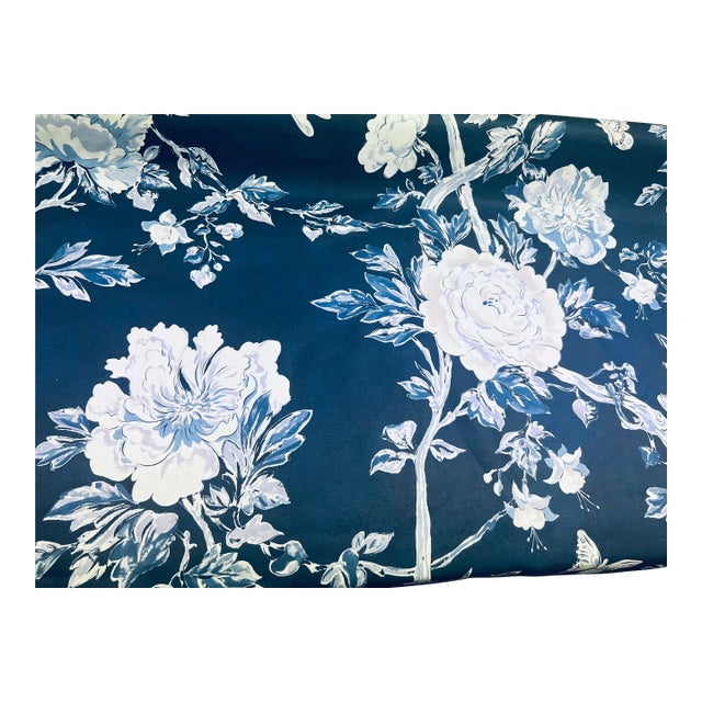 1.5 Yard Brunschwig & Fils Les Pivoines Navy Blue White Floral Cotton Drapery Fabric For Sale