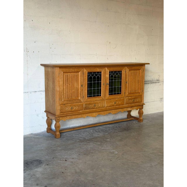 1960s Henning Kjærnulf Oak Sideboard Credenza With Leaded Glass Doors by Henning Mid-Century Modern 1960s For Sale - Image 5 of 13