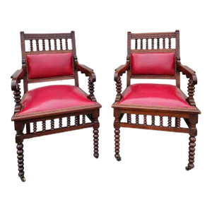 Antique Victorian Walnut Armchairs Pair, 19th Century, Red Leather Upholstery