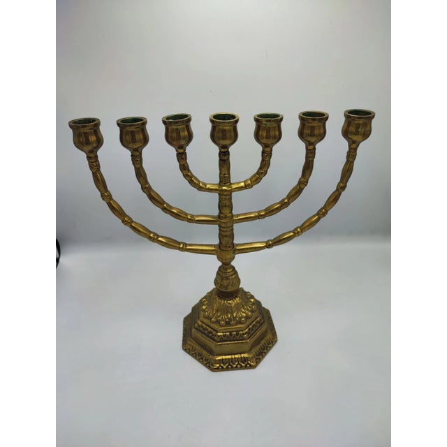 Brass seven-branched candlestick, menorah, 1950s, dimensions: height 27.2 cm, diameter in the middle under candles 2 cm,...