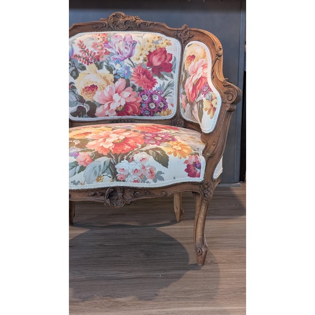 Louis XV Style Antique French Begere Featuring Vintage Floral Twill Upholstery Fabric For Sale - Image 10 of 12