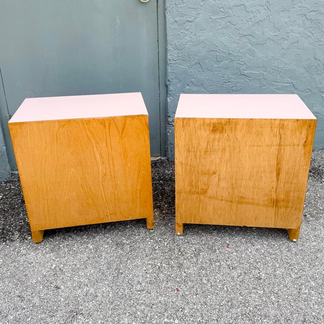 Wood Postmodern Pink Golds Laminate Waterfall Nightstands - A Pair For Sale - Image 7 of 9