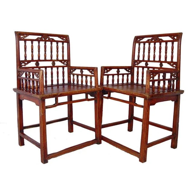 Red 19 Century Antique Camphor Wood Chinese Southern Official's Hat Armchairs Set For Sale - Image 8 of 14