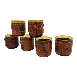 Vintage Hand Blown Shot Glasses Wrapped in Embossed Leather - Set of 6 For Sale