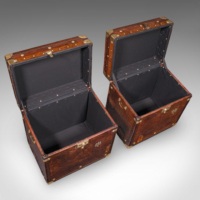 Pair of Late Vintage Luggage Trunks, English Leather, Brass, Storage, Nightstand For Sale - Image 9 of 12