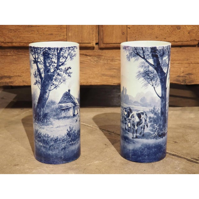 Pair of Early 1900’s Cobalt Blue and White Cylinder Form Vases From Holland For Sale - Image 13 of 13