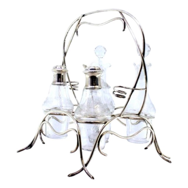 Cruet Set with Silver Structure and Cruets and Salt and Pepper Shaker and Mustard Jar in Acid-Etched Glass, Set of 6 For Sale