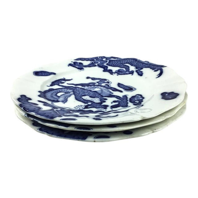 Antique Dragon Design Porcelain Plates - Set of 3 For Sale