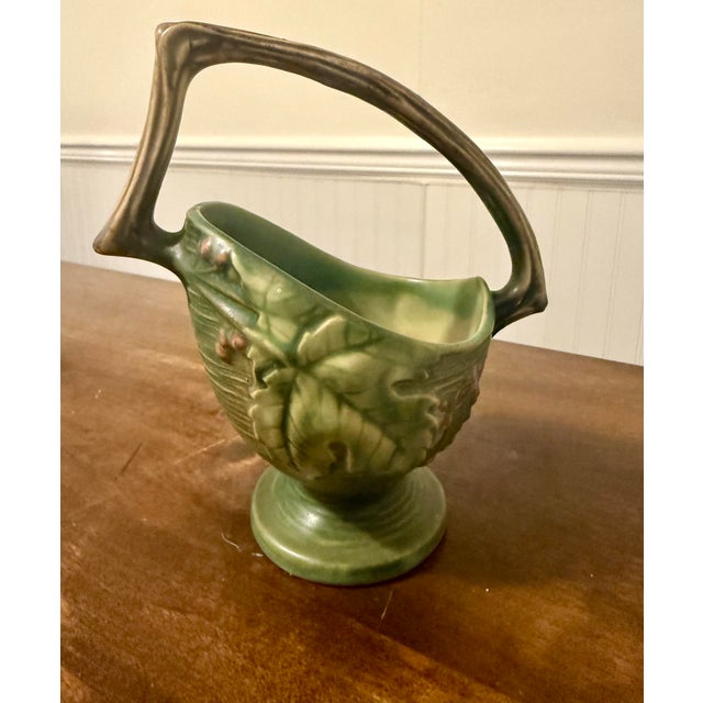 Ceramic Roseville Bushberry Green Art Pottery Basket For Sale - Image 7 of 12