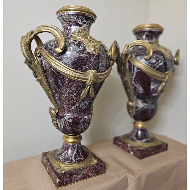 Pair Early 20th C. Louis XVI Style Mottled Lavender Marble and Gilt Bronze Ormolu Covered Urns For Sale - Image 12 of 13