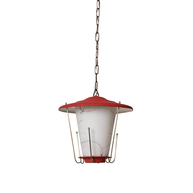 Mid-Century Italian Round Opaline Glass and Brass Red Lantern Chandelier, 1950s For Sale - Image 16 of 18