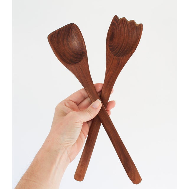 Vintage pair of teak salad utensils. No makers mark. Minor age wear.