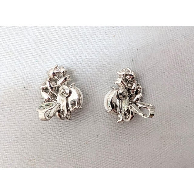 White Vintage Signed Crown Trifari Rhodium Plated Mabe Pearl & Clear Rhinestone Clip Earrings-2 Pieces For Sale - Image 8 of 8