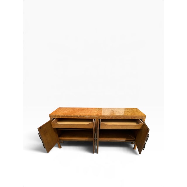 Hollywood Regency 1970s Hollywood Regency Burlwood & Brass Greek Key Credenza, Attributed to Mastercraft For Sale - Image 3 of 10