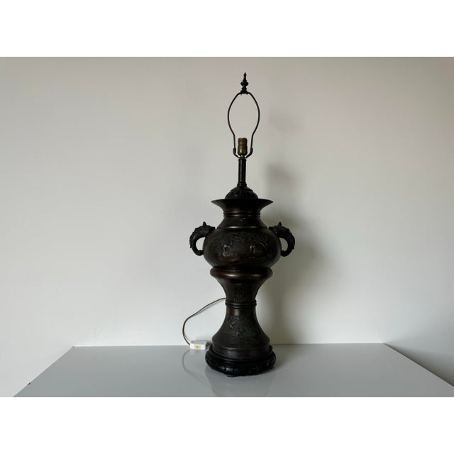 Tall Vintage Chinese Bronze Vase With Dragon Handles Table Lamp For Sale - Image 12 of 12