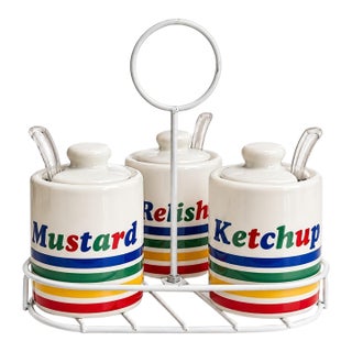 Vintage 1986 Hoan Ceramic Condiment Set With Caddy, Rainbow Stripe, Mustard Ketchup Relish For Sale