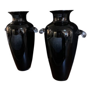 Vintage Hand-Blown Glass Vase in Ebony With Clear Handles- a Pair For Sale