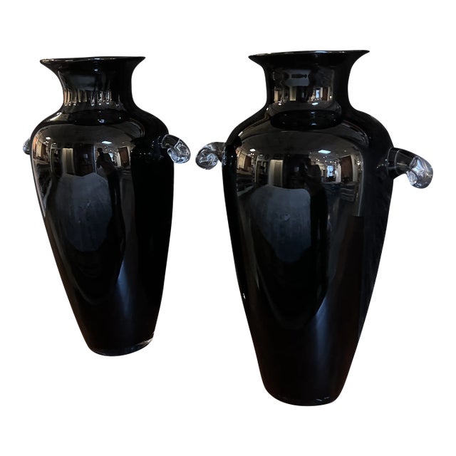 Vintage Hand-Blown Glass Vase in Ebony With Clear Handles- a Pair For Sale
