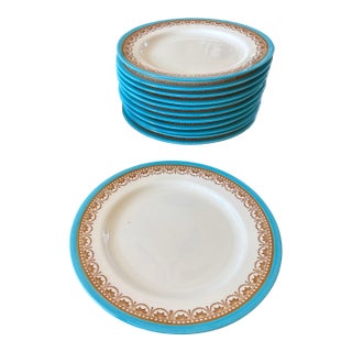 Antique Grainger Royal China Works Worcester Dessert Plates, Set of 12 — Turquoise & Gold Lace, Pattern 4029, Circa 1891–1902 For Sale