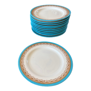 Antique Grainger Royal China Works Worcester Dessert Plates, Set of 12 — Turquoise & Gold Lace, Pattern 4029, Circa 1891–1902