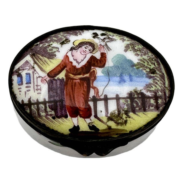 19th Century French Enamel Samson Patch Trinket Box Child With Bird For Sale